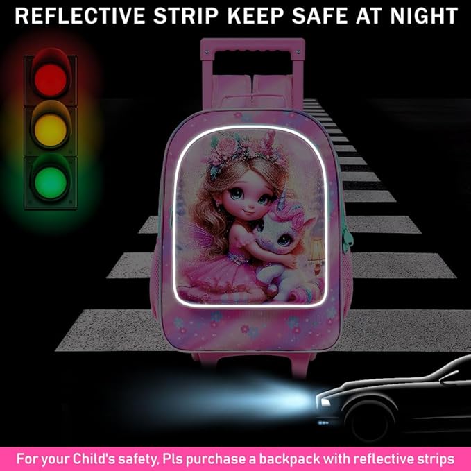 gxtvo Girls Rolling Backpack, Cute Unicorn Roller Wheels Kids Bookbag - Wheeled Elementary School Bag