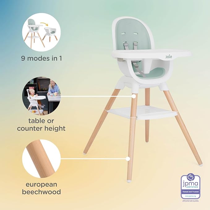 Joie Chai Multi-Mode Highchair - European Beech Wood, Convertible, 9+ Modes, Birth up to 60 lb. (Mist)