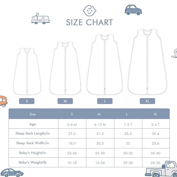 Baby Sleep Sack 6-12 Months Wearable Blanket for Babies 100% Organic Cotton 2-Way Zipper YKK 0.5 TOG Toddler Sleeping Sacks Cars