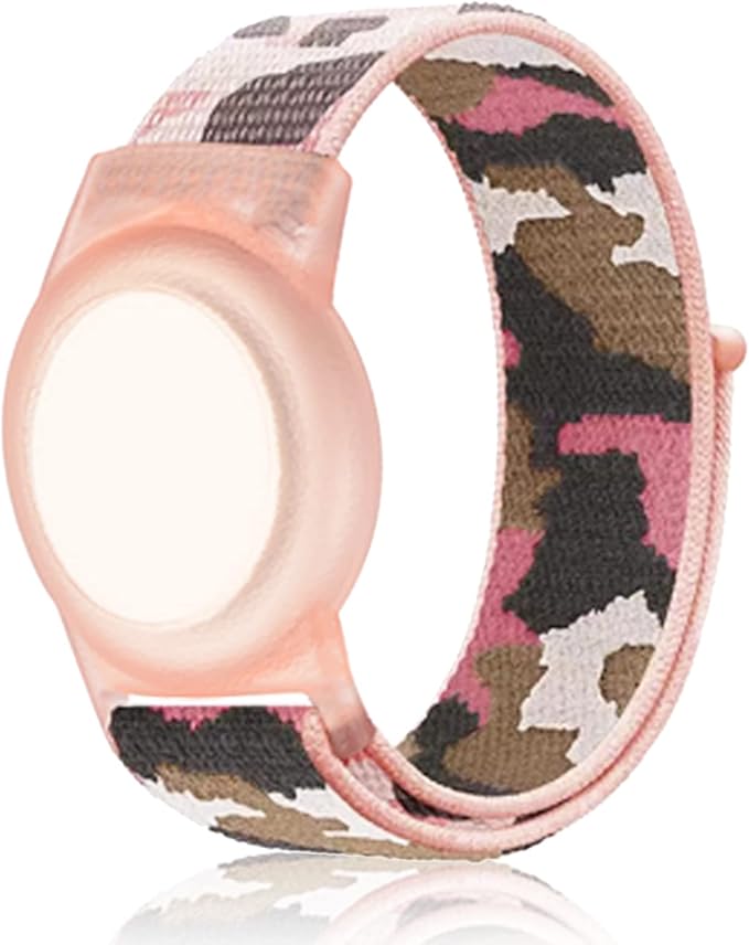 Compatible with Apple AirTag Bracelet for Kids, Camo Nylon Air Tag Wristband, Protective Case for Airtag GPS Tracker Holder, Adjustable Anti Lost Watch Band for Toddler Child Elder (Pink)