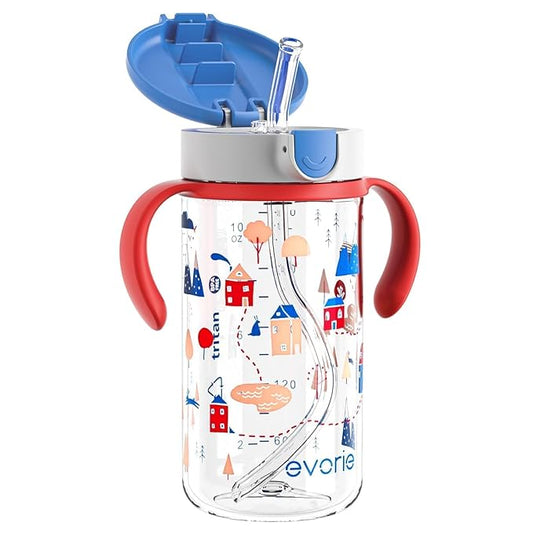 Evorie Tritan Spill Proof Toddler Straw Sippy Cup, 10 oz for Baby and Toddlers 1-3 Years Old, No Spill Straw Water Bottle with Removable Handles, Ideal for School, BPA-Free, Happy Valley