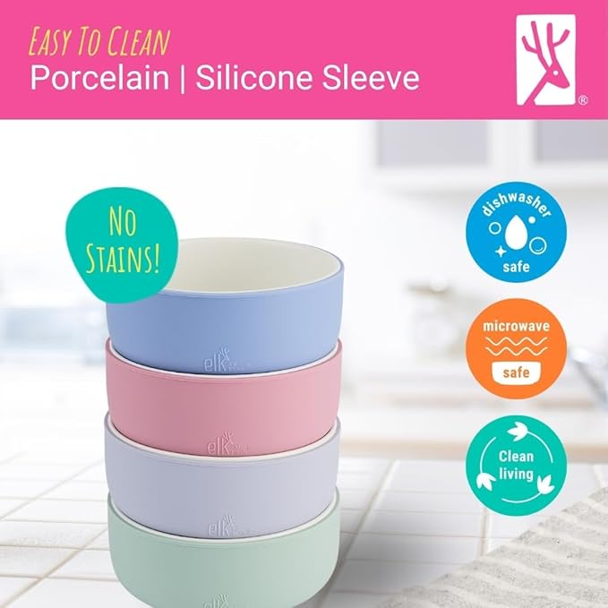 Elk and Friends Kids Porcelain Bowls with Silicone Suction Sleeve + Silicone Lid | Kids/Toddler/Baby Feeding | Microwave & Dishwasher Safe | Non slip | Cereal/Soup/Snack Dishes & Dinnerware