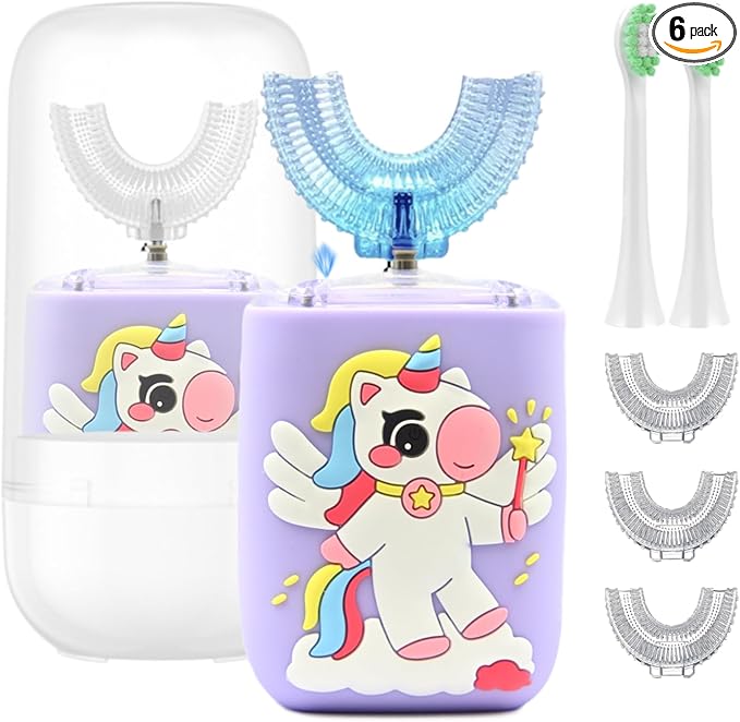 Kids Electric Toothbrush, U Shaped Toothbrush Kids Sonic Automatic Brush with Cup 5 Brush Head 6 Sonic Clean Modes IPX7 Waterproof Unicorn Design Rechargeable Smart Timer for Children 8-14