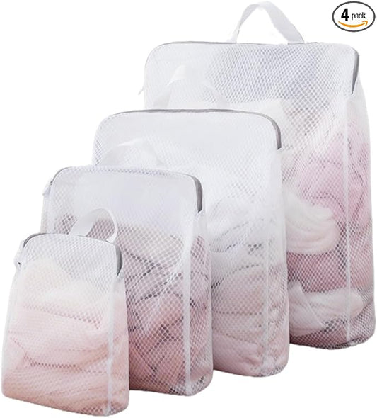 GWT 4Pcs 3D Mesh Laundry Bags with Hanging Handles (S/M/L/XL) - Durable Zippered Wash Bags for Delicates, Shoes & Bulk Clothes - Space-Saving Foldable Design