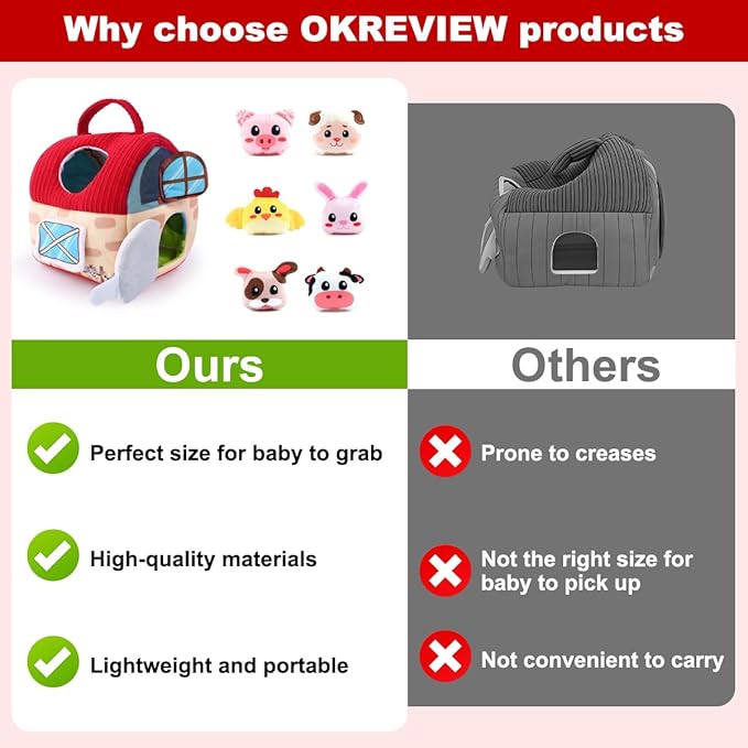 Baby Toys 6-12 Months – Montessori Sensory Barn with Plush Farm Animals, Rattles, Crinkle & Mirror – 1st Birthday Gift or Easter Basket Stuffer for Babies