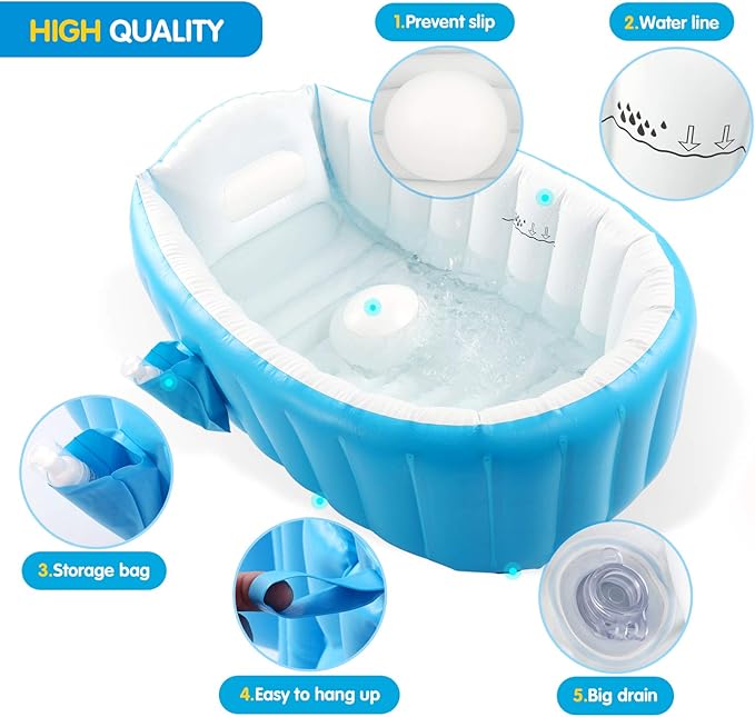 Baby Inflatable Bathtub, Portable Infant Toddler Bathing Tub Non Slip Travel Bathtub Mini Air Swimming Pool Kids Thick Foldable Shower Basin with Air Pump, Blue