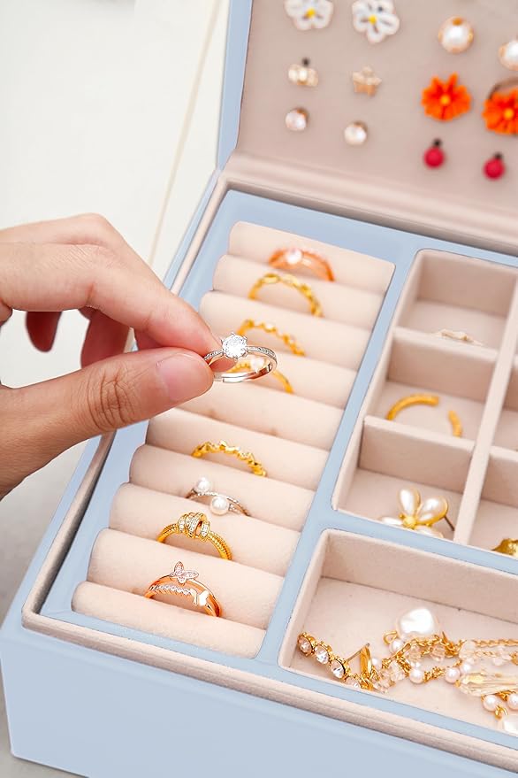 Girls Jewelry Box Earring Holder Organizer for Girls Jewelry Organizer Box Stud Earrings Organizer for Girls Womens Blue Jewelry Box for Earrings and Necklaces Rings Stud Earrings Box for Teen