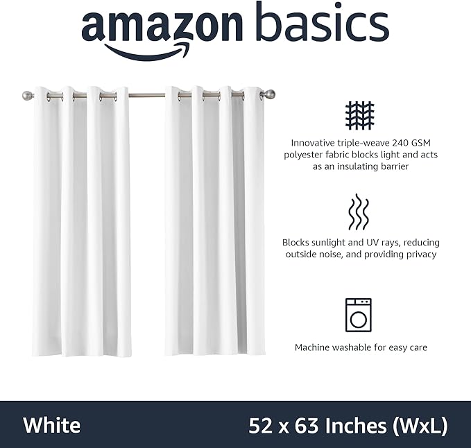 Amazon Basics Light Blocking Room Darkening Blackout Window Curtain with 2 Panels Grommets, for Living Room and Bedroom, 52 x 63 inches, White - Set of 2