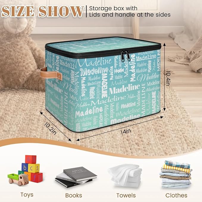 Custom Storage Basket with Name, Personalized Storage Bins with Zipper Lid, Foldable Fabric Storage Box Large capacity with Handle Grey Blue Green
