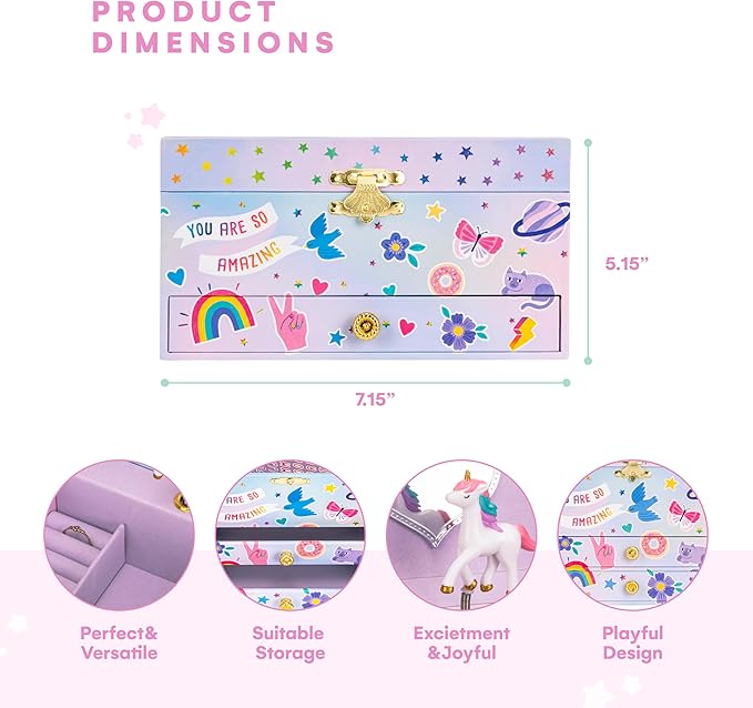 Jewelkeeper Musical Jewelry Box with Alphabet Sticker - Personalize with Names - with 1 Pullout Drawer and Spinning Unicorn Doll - Beautiful Dreamer Tune - Ideal for Kids 5 and Up - 5.37"Lx7.25"Wx4"H