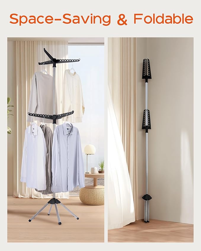 Clothes Drying Rack Foldable, 74.8 inch 2 Tier Laundry Drying Rack with Rotating Clothes Rail for 54 Pieces of Clothes, Space Saving, Indoor, Stainless Steel, Black and Silver CDR002B01