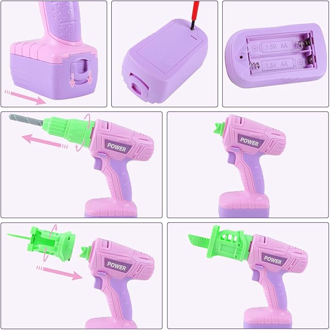 Kids Construction Tool Set for 3 4 5 6 7 Year Old Boys Girl,Pink Preschool Pretend Play Tool,Pretend Play Tools Set Toddler Toys,with Electric Drill Chainsaw、Electric Drill,Toy Tools Gifts for Kids