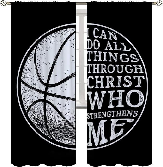 Basketball Blackout Curtains for Boy Girl Room Darkening Decor,Sport Theme and White Motto Dark Background Bedroom Living Room Home Rod Pocket Thermal Insulated Window Curtain/Drapes Panel,72x63 Inch…