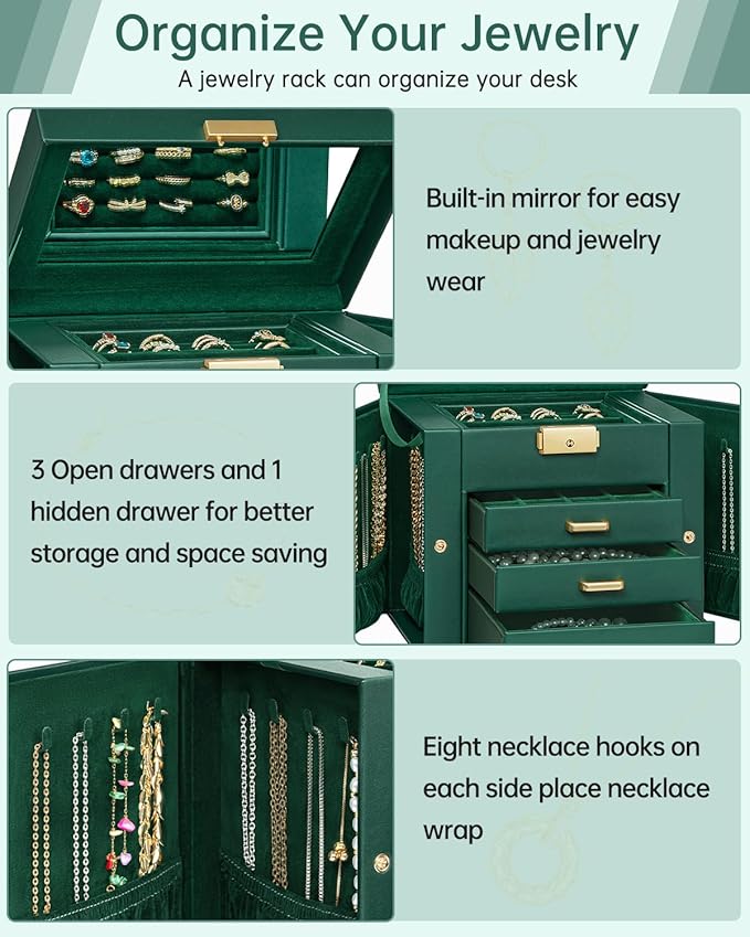 AKOZLIN 4-Tier Jewelry Box Leather Jewelry Storage Organizer with 3 Drawers Lockable for Women Girls Ring Necklace Earring Bracelet Holder with Mirror Forest Green