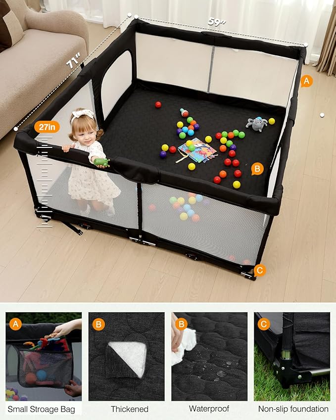 Foldable Baby Playpen with Non-Removable Thick Mat, Extra Large Collapsible Play Yard for Babies & Toddlers, Portable Travel Playpen with Gate, Safe Activity Center (59"×71" Black)