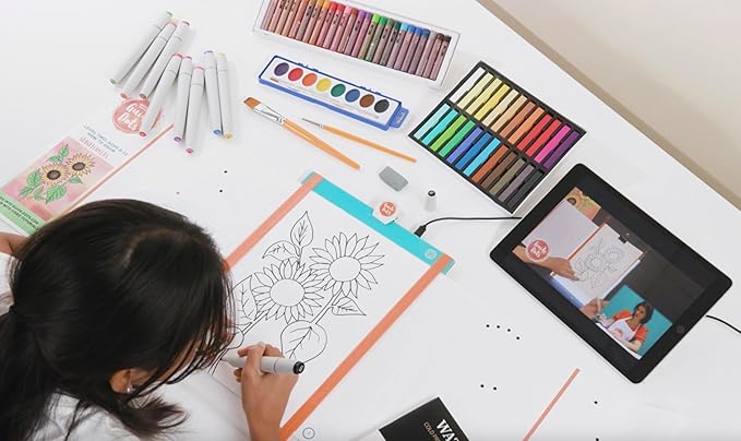 Guide Dots Kid's Art Confidence Kit with Light Up Bright Board – Drawing & Painting Kit – Video Instructions – Art Supplies, Markers, Chalk Pastels, Watercolors – Gift For Boys, Girls, Teens – Ages 8+