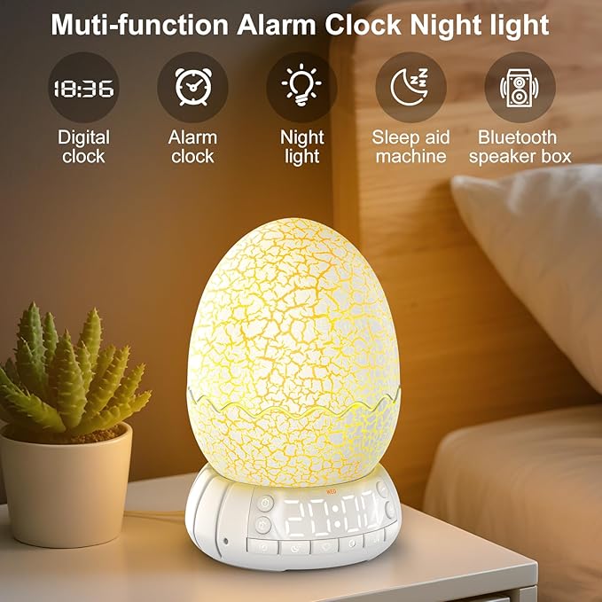 Kids Fun Alarm Clock with Night Light for Bedroom,16 Sleep Sounds Noise Machine& Bluetooth Speaker, 8-Color Dimmable Wake-Up Light with 10/30/60 Minutes Timer, Egg Decorative Light Gift for Boys Girls