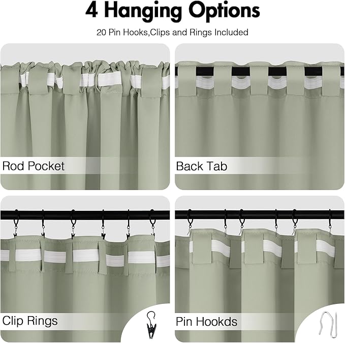 ANRODUO Back Tab Blackout Curtains for Bedroom Living Room, Rod Pocket Pinch Pleated Thermal Insulated Room Darkening Curtains 72 Inches Long 2 Panels, Sage Green, 42 x 72 Inch