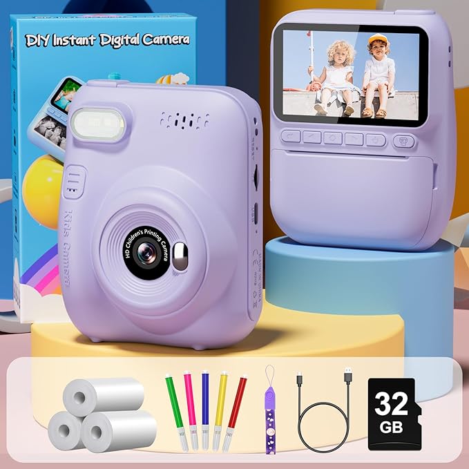 Kids Camera Instant Print, 3.0" HD 32MP Kids Camera Christmas Birthday Gifts for 3 4 5 6 7 8 9 10 11 12 Year Old Girls Boys, 32GB SD Card-Purple