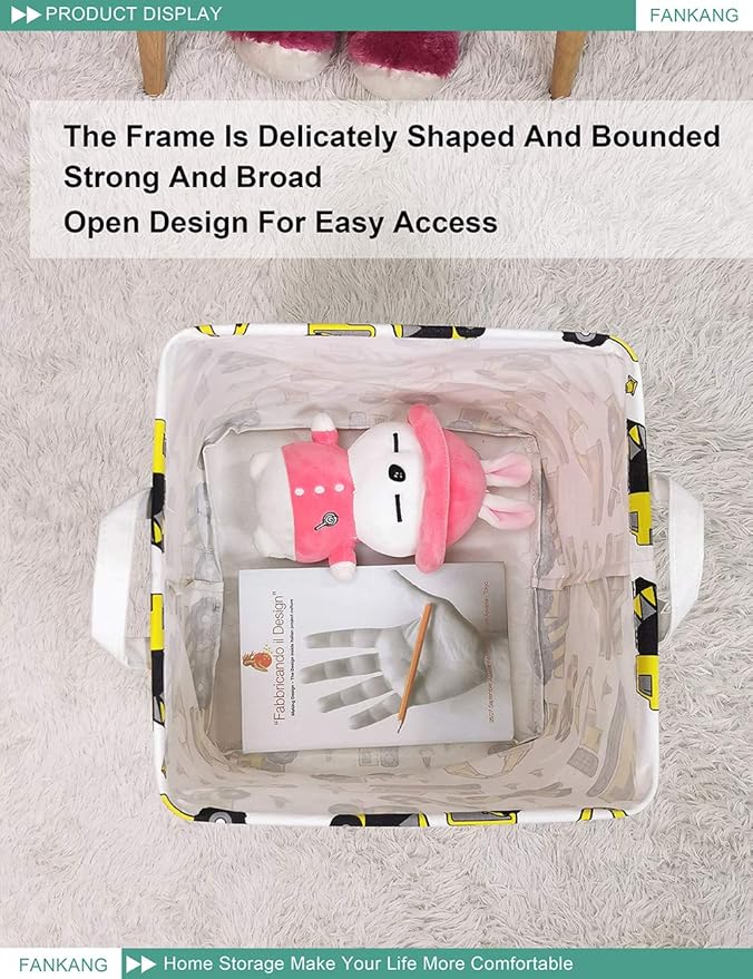FANKANG Square Nursery Hamper Storage Bins Canvas Laundry Basket Foldable with Waterproof PE Coating Storage Baskets Gift Baskets for Children, Office, Bedroom, Clothes（Square-Engineering ）