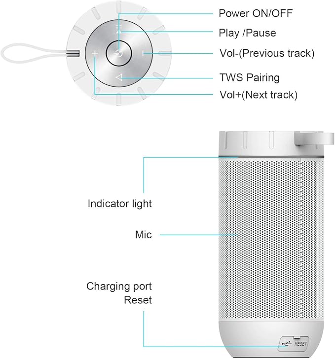 comiso X26 Bluetooth Speaker, IPX4 Waterproof Speakers 360° HD Surround Sound with Punchy Bass, Wireless Dual Pairing, 24H Playtime, Portable Speaker for Shower, Home, Outdoor, Camping, Beach-White