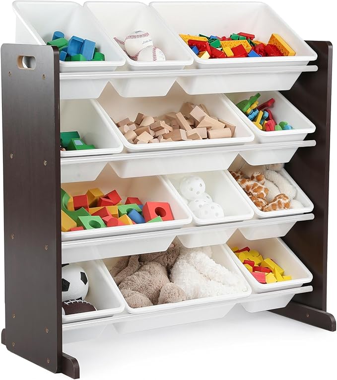 Humble Crew Kids Toy Storage Organizer with 12 Plastic Bins, Espresso/White – Removable Bins for Playroom, Bedroom, Toddler Furniture for Boys and Girls Ages