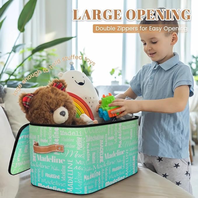 Custom Storage Basket with Name, Personalized Storage Bins with Zipper Lid, Foldable Fabric Storage Box Large capacity with Handle Green Blue