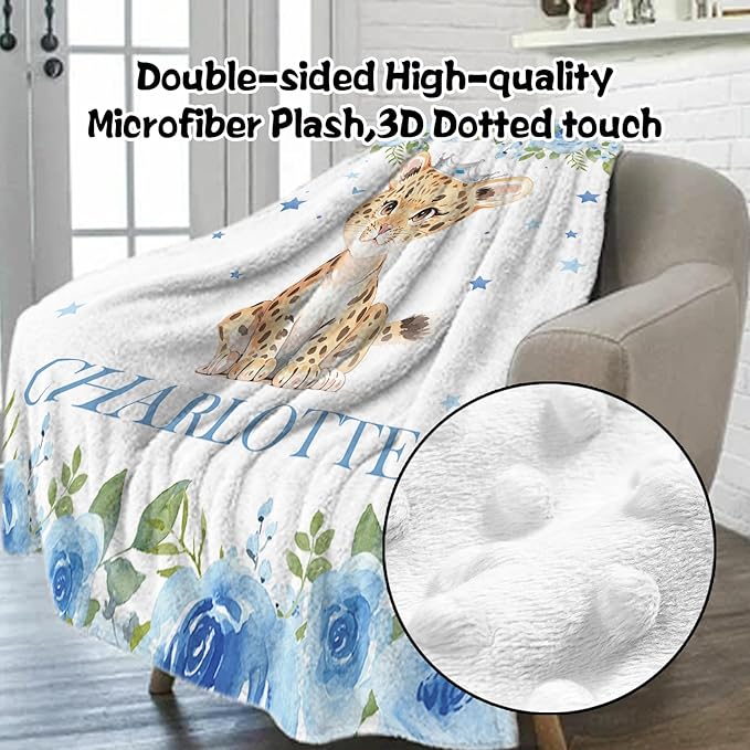 Custom Nursery Crib Bedding Set: Personalized Name 4 Piece Blue Floral Leopard Design Baby Crib Sets for Baby Girls - Toddler Double Layer Blanket Set, Comfortable Crib Bed Sheets for Baby Toddlers