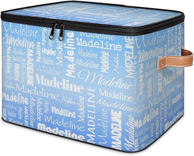 Custom Storage Basket with Name, Personalized Storage Bins with Zipper Lid, Foldable Fabric Storage Box Large capacity with Handle Blue