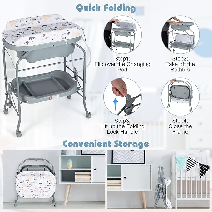 HONEY JOY Baby Changing Table with Bathtub, Foldable Infant Diaper Changing Station with Wheels, Storage Tray, Waterproof Pad, Portable Newborn Nursery Organizer Bath Stand for Boys Girls (Gray)