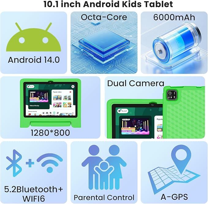 Kids Tablet 10.1 inch Android 14 Octa-Core 64GB 6000mAh Kids Space Parental Control 1280 * 800 HD Touchscreen Shockproof Case Dual Camera Gift for Toddler Children (Green)