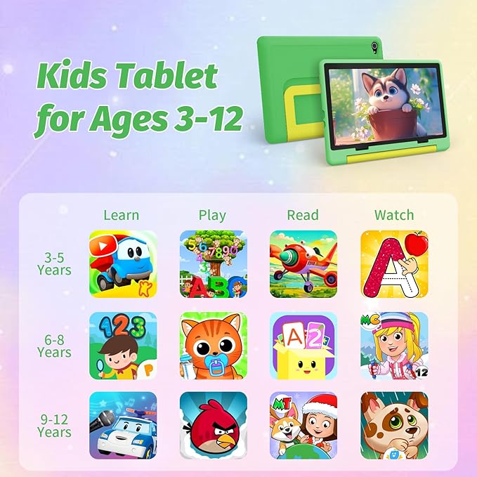 Kids Tablet 10 Inch Android 14 Tablet for Kids Ages 3-12, Octa-Core with Case, Parental Controls,14GB+64GB Storage (TF Expand 1TB), 5G WiFi, BT5.3, Green
