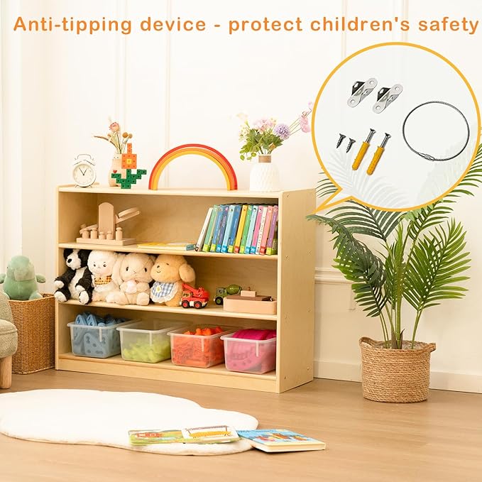 Kids Bookshelf and Toy Storage Shelf, Wooden Montessori Bookshelf, 3-Tier Toy Shelf, 30in Birch Children Bookcase, Classroom Furniture, Book Shelf for Kids Room, Nursery, Playroom