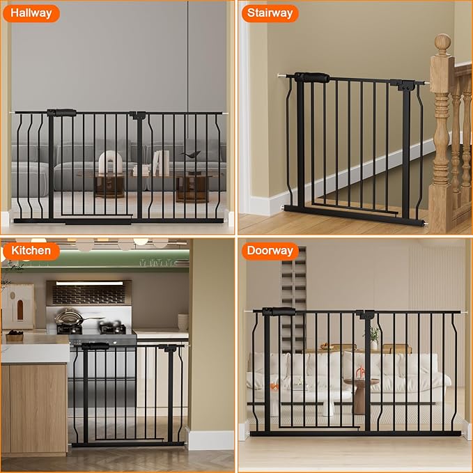 Extra Wide Baby Gate Extra Wide Pet Dog Gates for Stairs Doorways Black Metal Tension Indoor Safety Gates with Pressure Mount 71.5-76.38 Inch