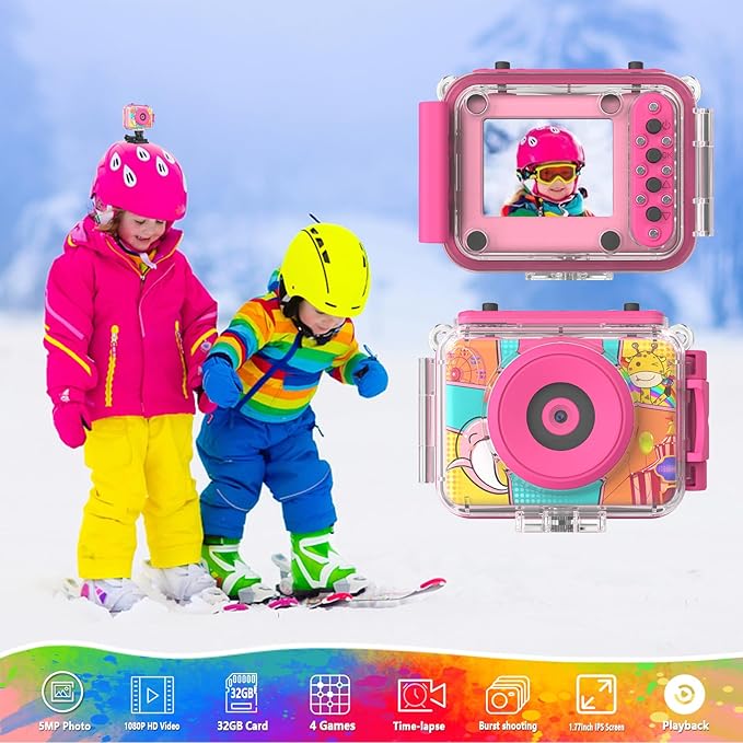 Kids Camera, Waterproof Kids Digital Camera, Children Selfie Camera with 180°Flip Len, 20MP 1080P Sports Action Toy Underwater Camera for Pool Helmet, Birthday Gifts for Boys Girls Age 3-12