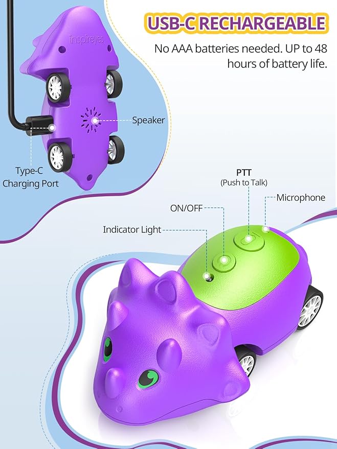 Dinosaur Walkie Talkies for Kids Rechargeable, Dino Toy Cars for Boys & Girls Ages 3-7, Crystal-Clear Audio, 48 Hours of Play, Fun Indoor & Backyard, Birthday Gift for Toddler, 2 Pack