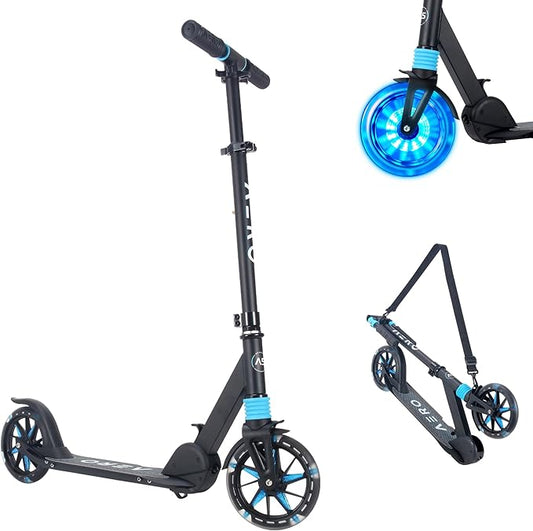 Aero Big Wheels Kick Scooter for Kids 6+, Teens & Adults | Light Up Wheels, Hand Brake, Rubber Deck Mat & Shock Absorption | Foldable & Height Adjustable