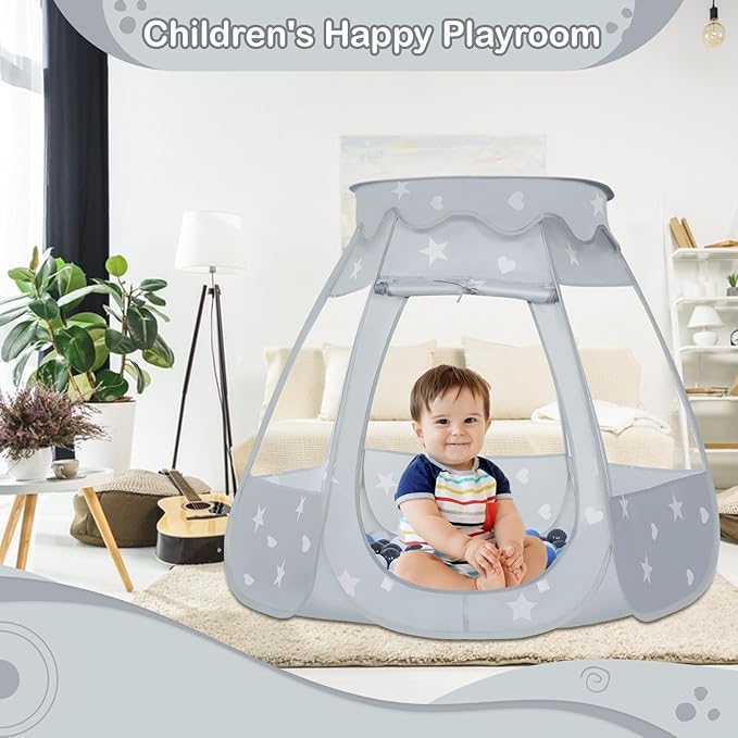 Baby Ball Pit for Toddler with 50 Balls, Kids Pop Up Play Tent for Girls, Princess Toys Gifts for Children Indoor & Outdoor Playhouse (Gray: Gray/White/Babyblue, 109x90cm/50 Balls)
