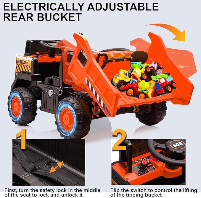 24V Ride On Dump Truck, 24inch-2 Seater Ride On Car for Kids w/Remote Control 4WD/2WD Up to 5 Mph, 24v Ride on Toys for Big Kids w/Electric Dump Bed Extra Shovel Traffic Cones (Orange)