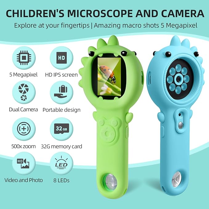 Kids Microscope–500X Digital Pocket Handheld Microscope with Dual Cameras, Autofocus & 32GB Card STEM Educational Toy & Christmas Birthday Gift for Boys & Girls Ages 3 4 5 6 7 8 9 10(Green)