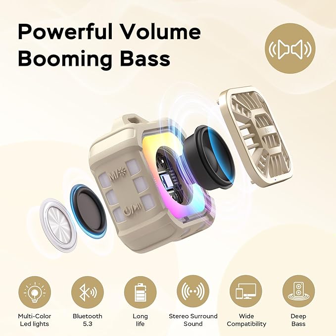 INSMY Shower Bluetooth Speaker, IP67 Waterproof Portable Small Multi Sync 100+ Speakers, Big Volume Booming Bass, 24H Playtime/Floatable/RGB Lights for Outdoor/Kayak/Beach/Golf (Khaki)