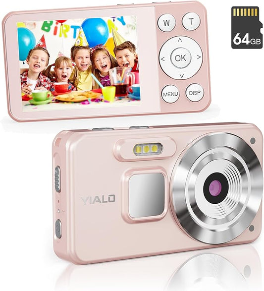 4K Digital Camera for Teens, FHD 64MP Digital Camera for Kids with 64GB SD Card, 18X Digital Zoom Cameras for Photography, Point and Shoot Video Camera for Kids, Pink