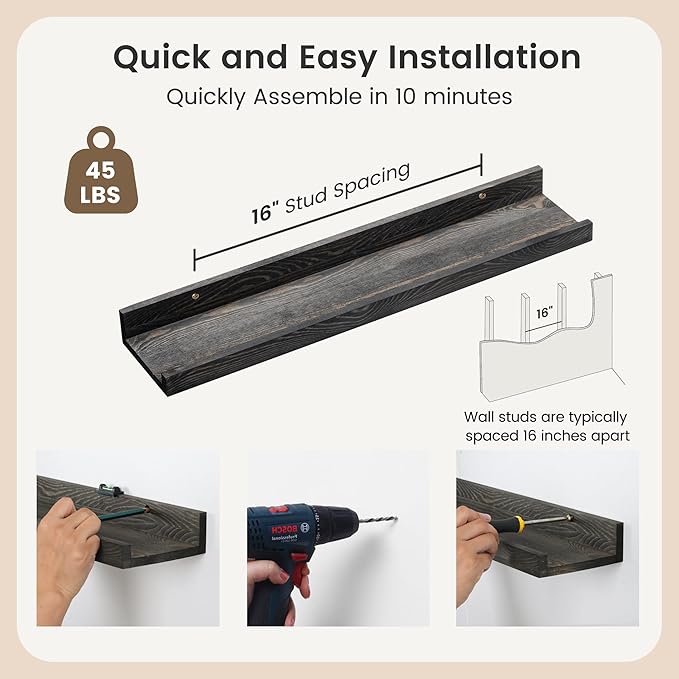 24 Inches Floating Shelves for Wall, Solid Pine Wood Picture Ledge Shelves, Wall Shelves with Lips, Nursery Book Shelves for Toys Storage Living Room Bedroom Photo Frames (2 Pcs, Grey)