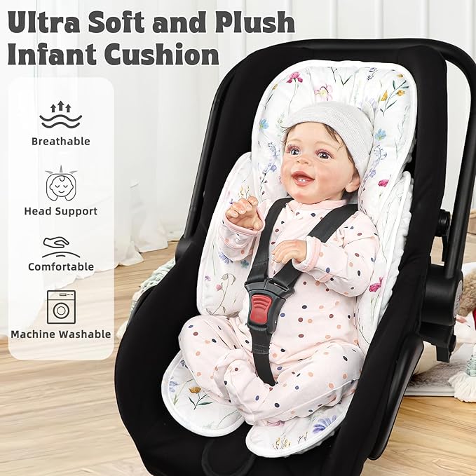 Pea Pod Infant Car Seat Pad 2-in-1 Baby Car Seat Head & Body Support for Newborn Girl Reversible 3 Layer Warm Preemie Carseat Stroller Cushion Headrest with Soft Minky Dot Fabric, Wildflower