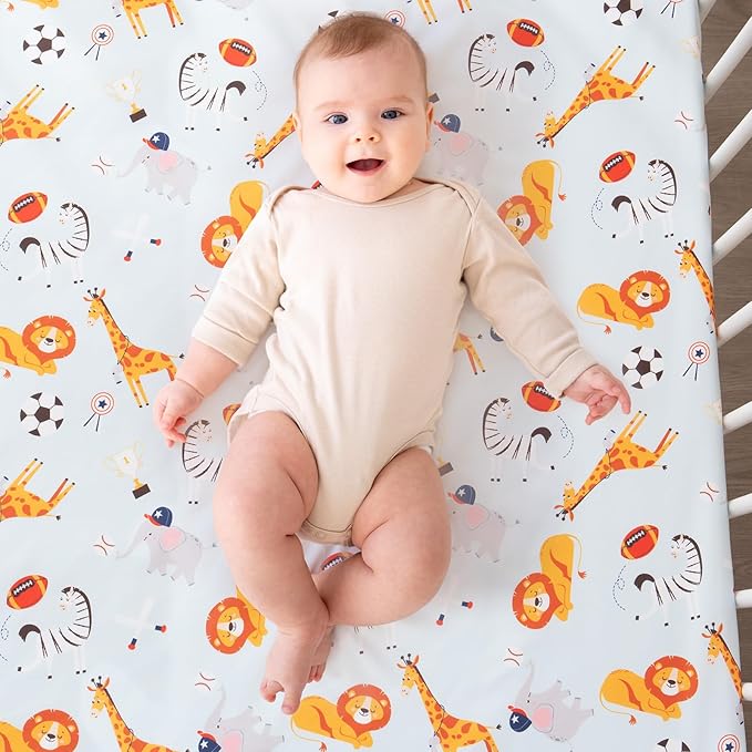4 Piece Crib Bedding Set for Boys Girls, Infant Toddler Nursery Baby Bedding Sets Includes Cartoon Quilt, Fitted Crib Sheet, Crib Skirt and Plush Football Toy (MVP)
