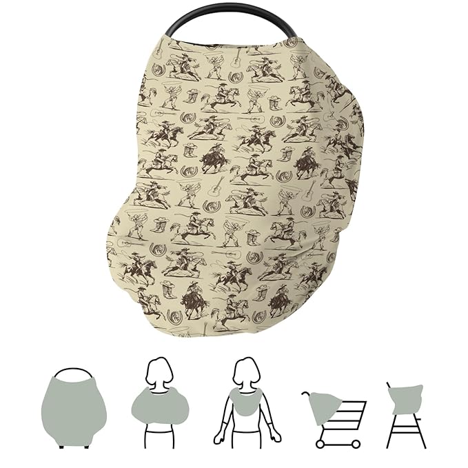 Vintage Cowboy Car Seat Cover for Baby Western Horses Boots Hats Guitar Stretchy 5-in-1 Covers Adjustable Car Canopy Breastfeeding Cover Country Western Breathable Nursing Cover-Up