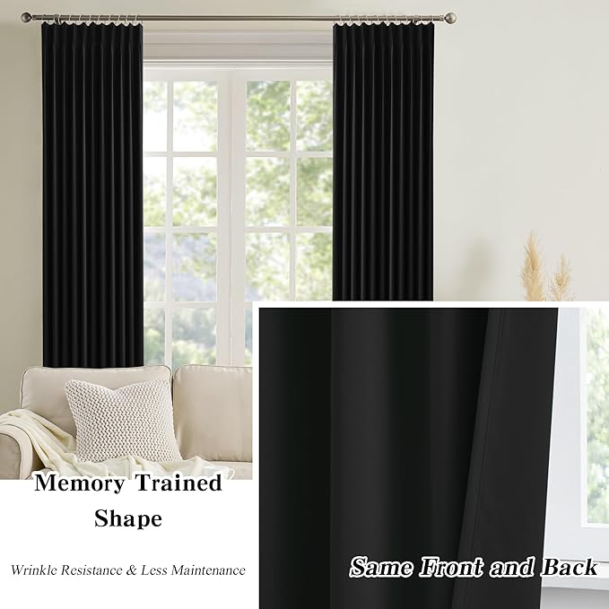 KEQIAOSUOCAI Black Curtains Blackout 100 Inches Long, Luxury Faux Silk Polyester Pinch Pleated Thermal Insulated Black Out Curtains with Hooks for Bedroom Living Room Home Office 40 x 100