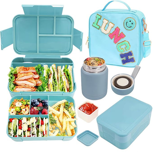 Kids Lunch Bag with 10oz Thermos, with 6 Compartment Bento Box, Blue Nylon Insulated Preppy Lunch Box Adjustable Strap Birthday Gift for Girl Kids Teens Picnic School Travel