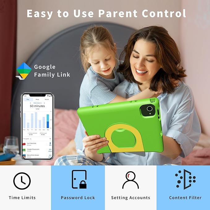 Kids Tablet with Strap, Android 14 Tablet for Kids 10 inch, Toddler Tablets Octa-Core 64GB 1TB Expandable, Children's Tablets with Case, Bluetooth WiFi Parental Control Dual