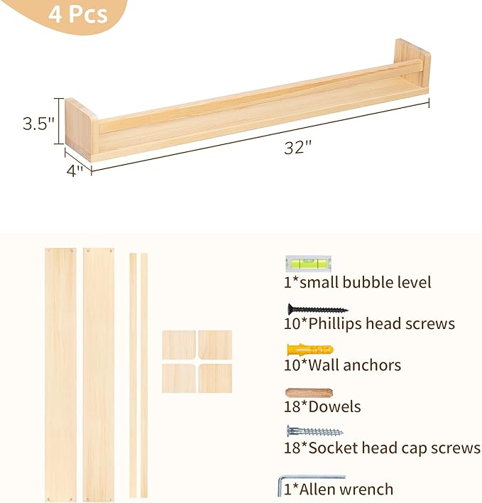 Fun Memories Nursery Book Shelves - Rustic Natural Solid Wood Floating Bookshelf for Kids - Wall Book Shelves for Kids Room (Natural, 32inch - 4P)